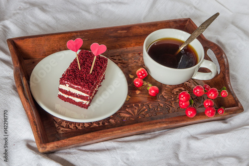 Breakfast in bed. Cup, coffee, red, velvet, cake photo