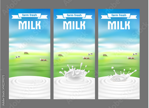 Vector illustration of a set of labels for milk and dairy with milk splash and pouring. Realistic style