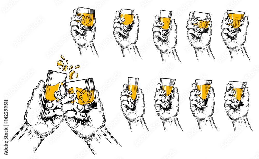 Vector illustration of two hands raised stemware with alcohol in a toast and a set of stemware of different shapes. Engraving style