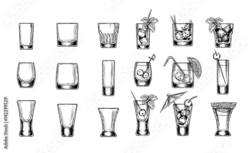 Set of vector illustration of stemware. Glasses for alcohol. Engraving style
