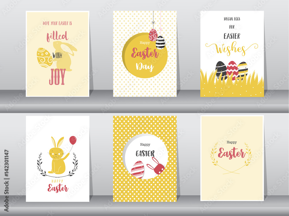 Set of Easter greeting cards,template,rabbits,eggs,Vector illustrations 