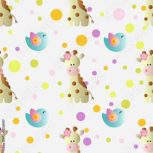 seamless pattern with cartoon cute toy baby giraffe, bird and Circles on a light gray background