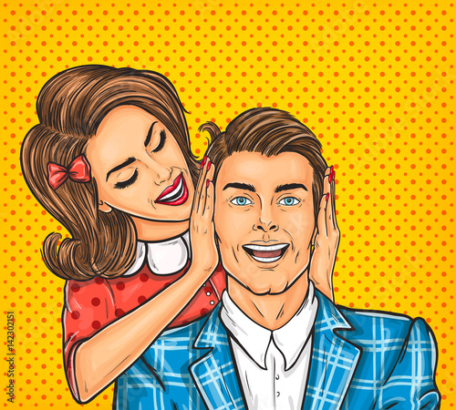 pop art illustration of a young woman close ears to the her man