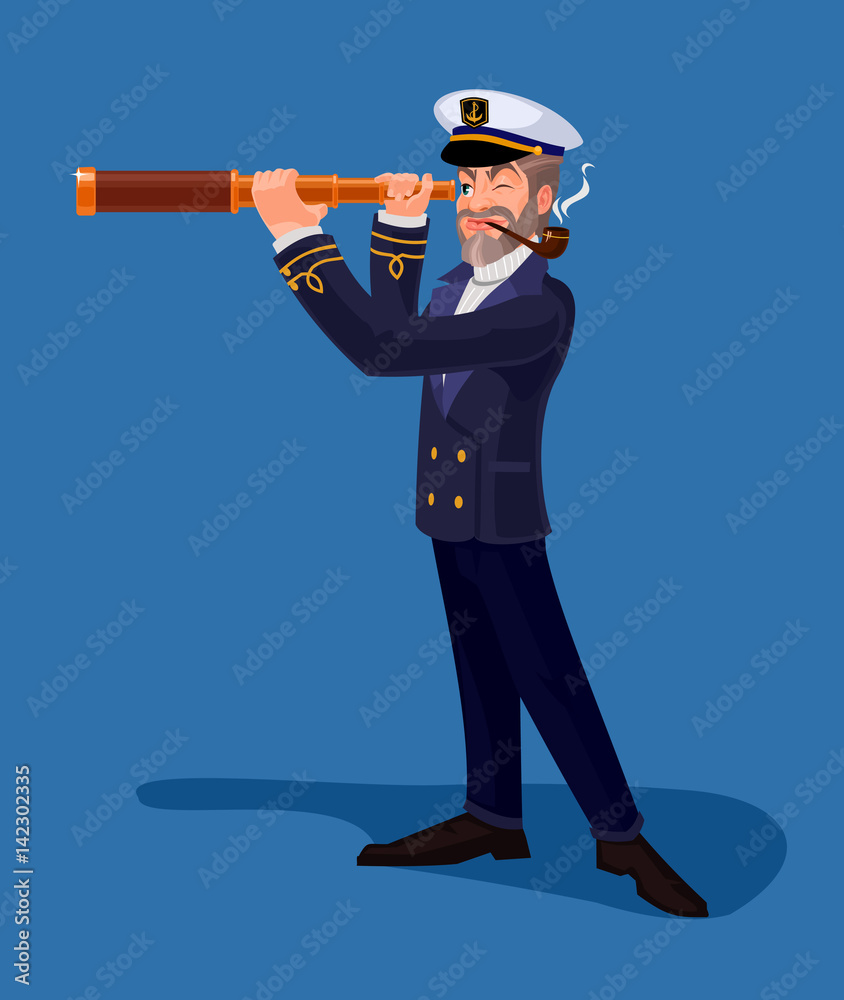 illustration of an old sea captain smoking a pipe and looking through spyglass illustration of an old sea captain smoking a pipe and looking through spyglass