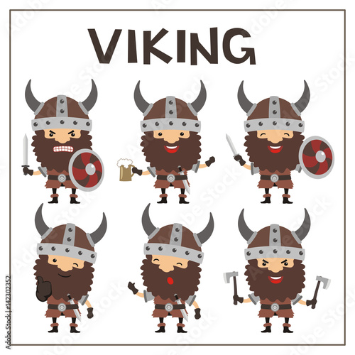 Set vikings in helmet with horns in cartoon style. Collection isolated vikings in different poses on white background.