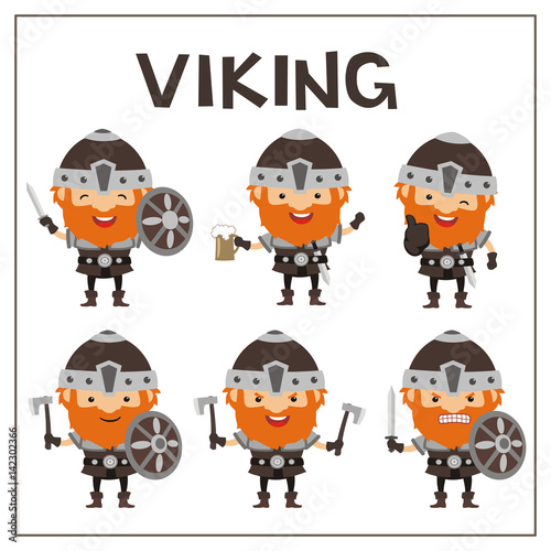 Set vikings in cartoon style. Collection isolated viking in different poses on white background.