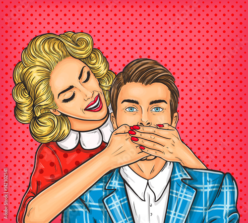  pop art illustration of a young woman close mouth to the her man