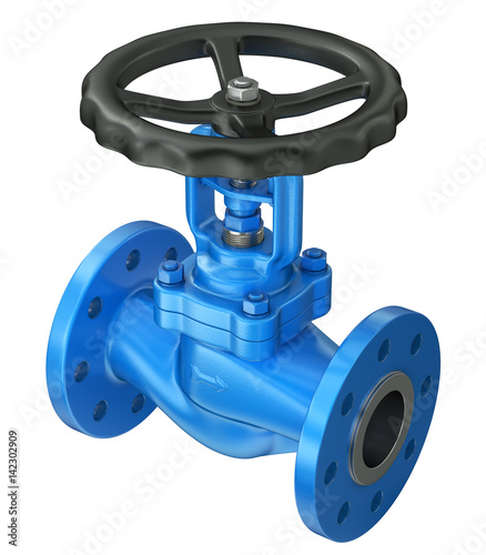 Blue industrial valve isolated on white background photo