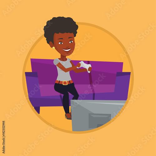 Woman playing video game vector illustration.