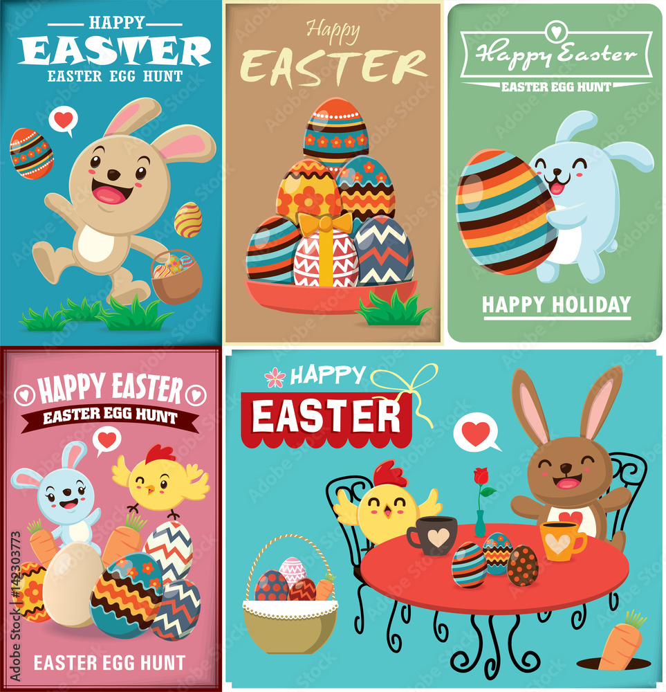Vintage Easter Egg poster design with Easter rabbit, chicken