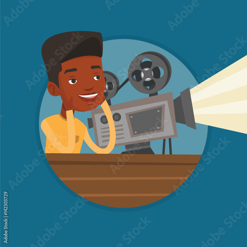 African-american projectionist showing new film.