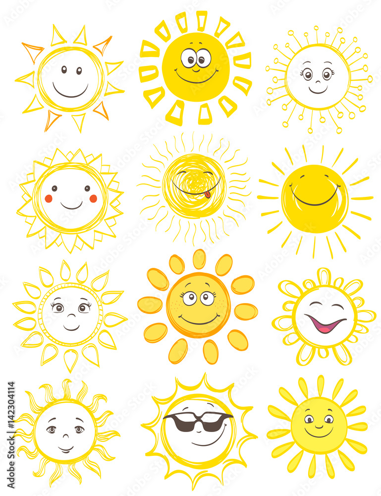 cartoon smiling sun with various faces set on white. funny hand drawn ...