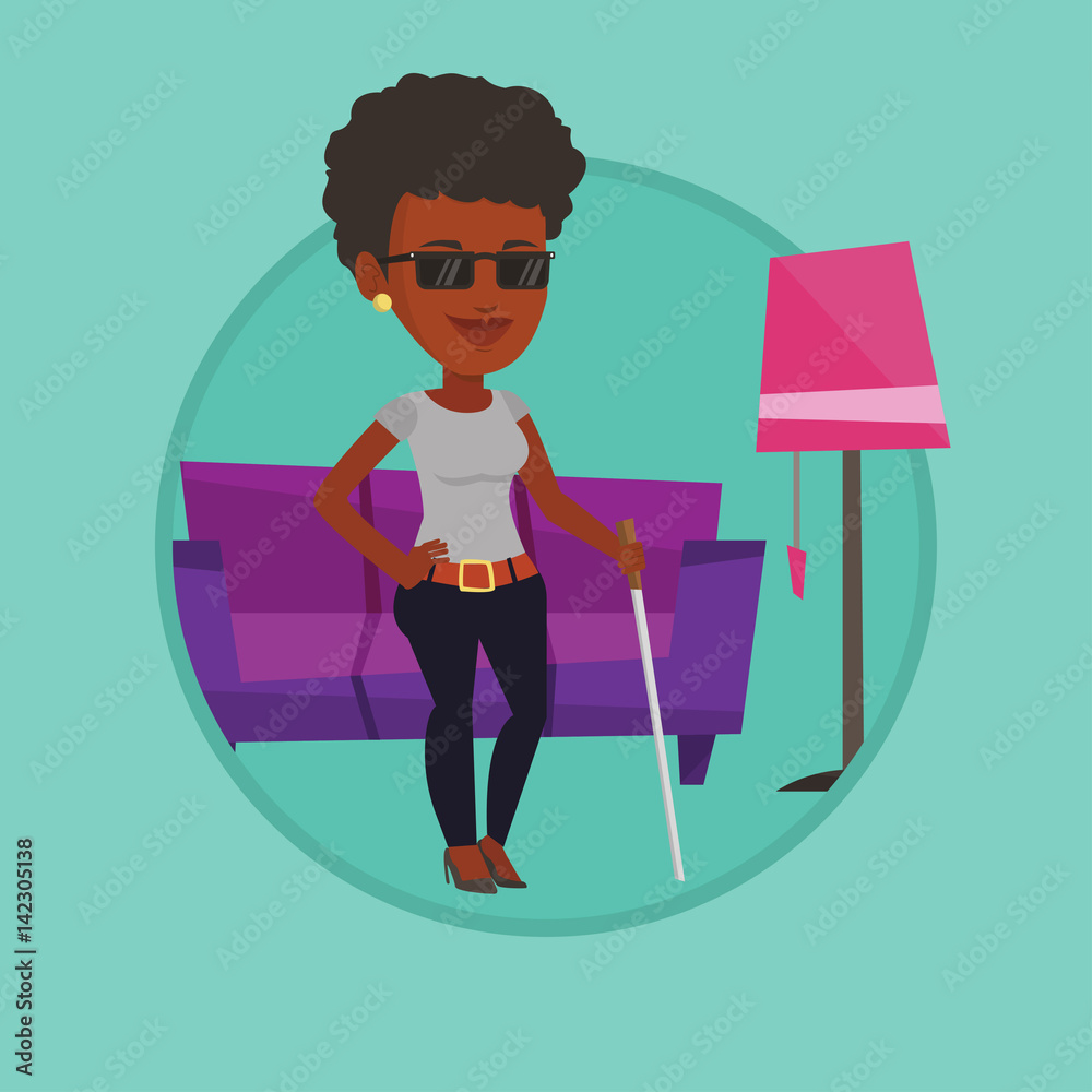 Blind woman with stick vector illustration.