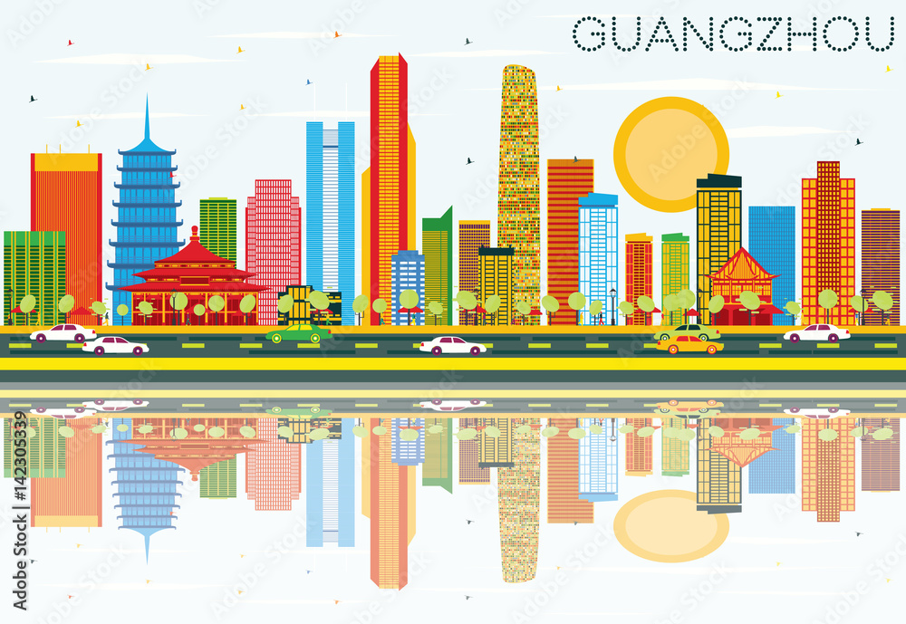 Guangzhou Skyline with Color Buildings, Blue Sky and Reflections.
