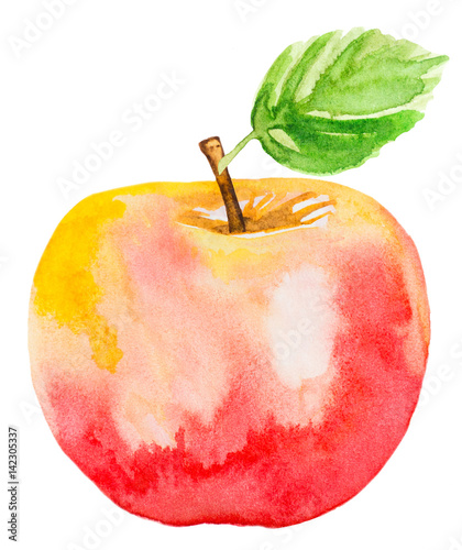 light red apple with green leaf. watercolor illustration