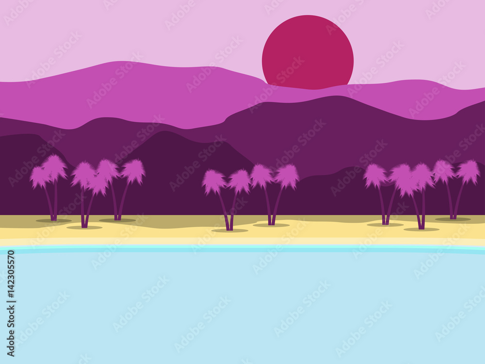 Fototapeta Tropical landscape. Coast with palm trees and mountains in the background. Vector illustration