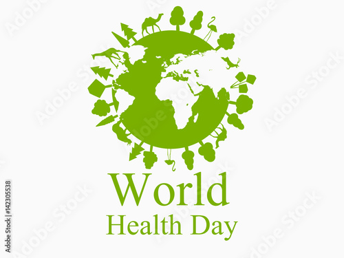 Green planet earth. Animals on the planet. World health day. Vector illustration