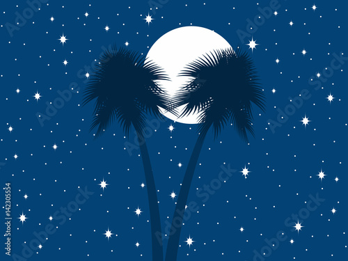 Palm trees against the background of the moon and the starry sky. Vector illustration