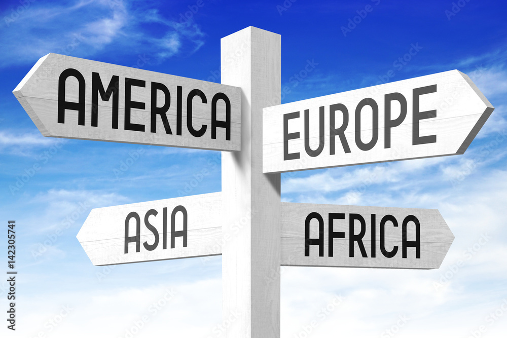 Continents - wooden signpost Continents - wooden signpost