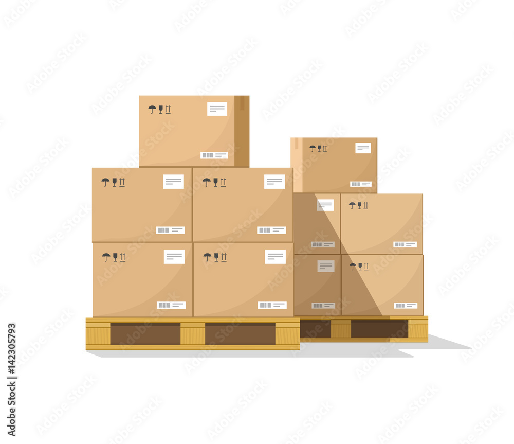 Boxes on wooded pallet vector illustration, flat style warehouse cardboard parcel boxes stack front view Boxes on wooded pallet vector illustration, flat style warehouse cardboard parcel boxes stack front view