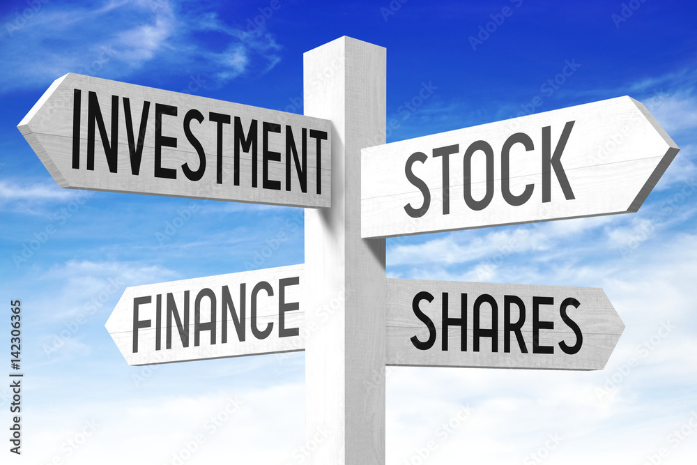 Finance concept - investment, stock, finance, shares - wooden signpost Finance concept - investment, stock, finance, shares - wooden signpost