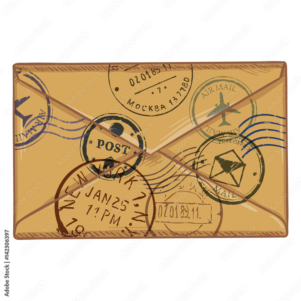 Vector Cartoon Brown Envelope with Postal Stamps