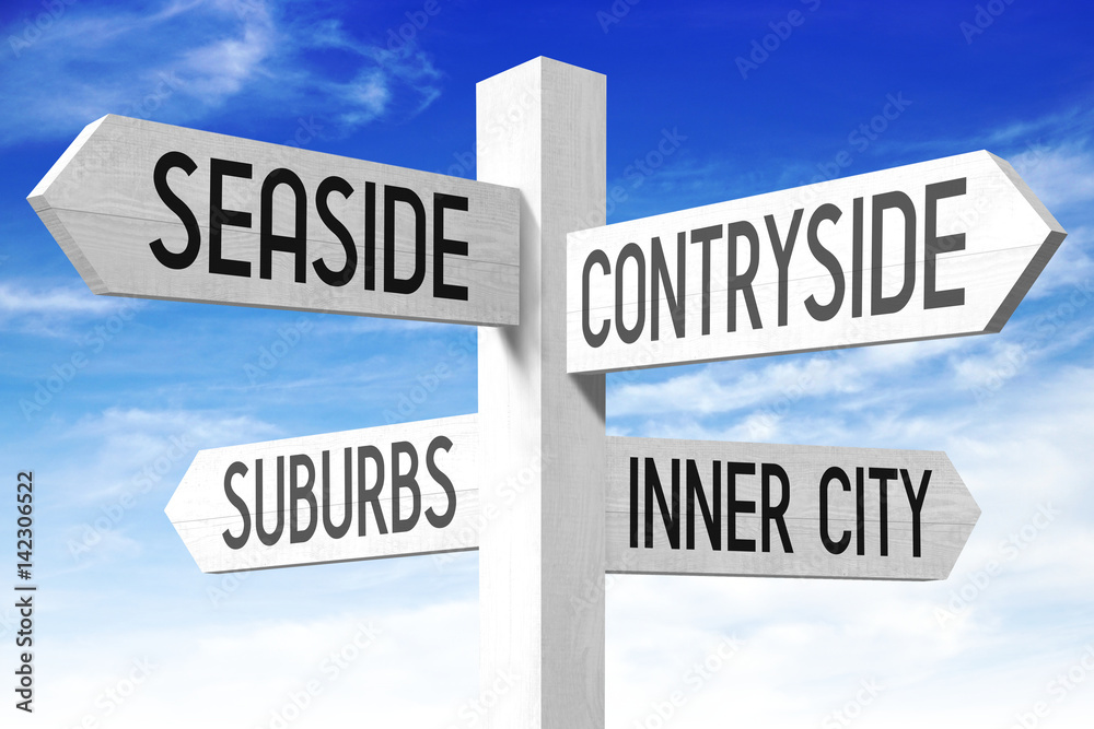 Real estate concept - seaside, countryside, suburbs, inner city - wooden signpost Real estate concept - seaside, countryside, suburbs, inner city - wooden signpost