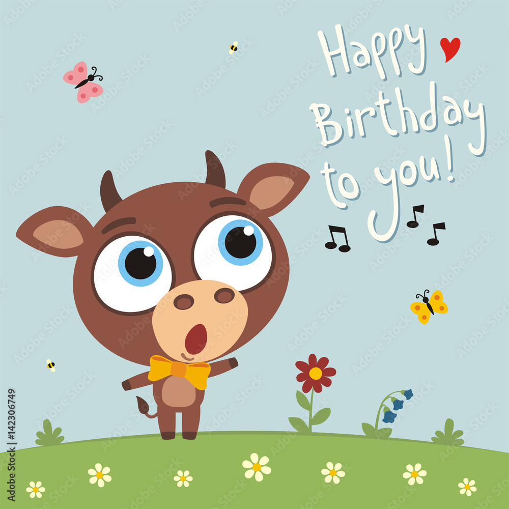 Happy birthday to you! Funny cow sings birthday song. Card with cow in  cartoon style. Stock Vector | Adobe Stock
