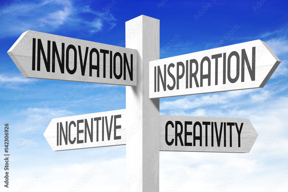 Inspiration concept (innovation, inspiration, incentive, creativity) - wooden signpost Inspiration concept (innovation, inspiration, incentive, creativity) - wooden signpost