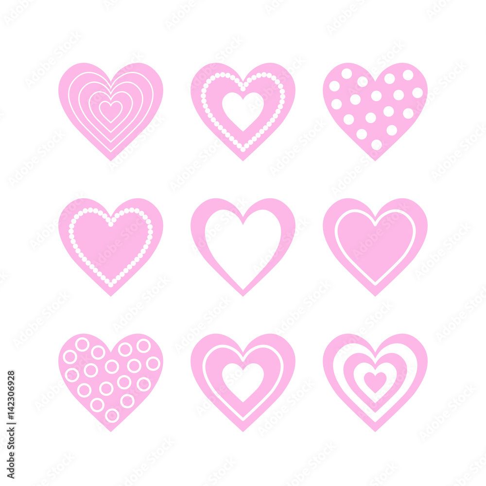 Set of isolated nine pink heart with white ornament on white background. Set of isolated nine pink heart with white ornament on white background.