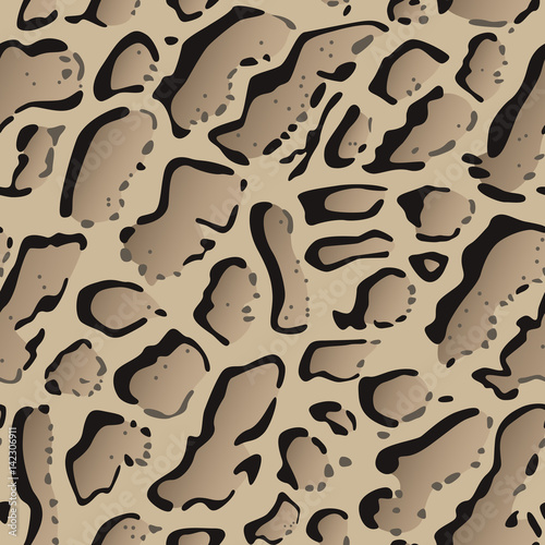 Seamless pattern. Imitation of skin of clouded leopard. Black, gray and brown spots on beige background.