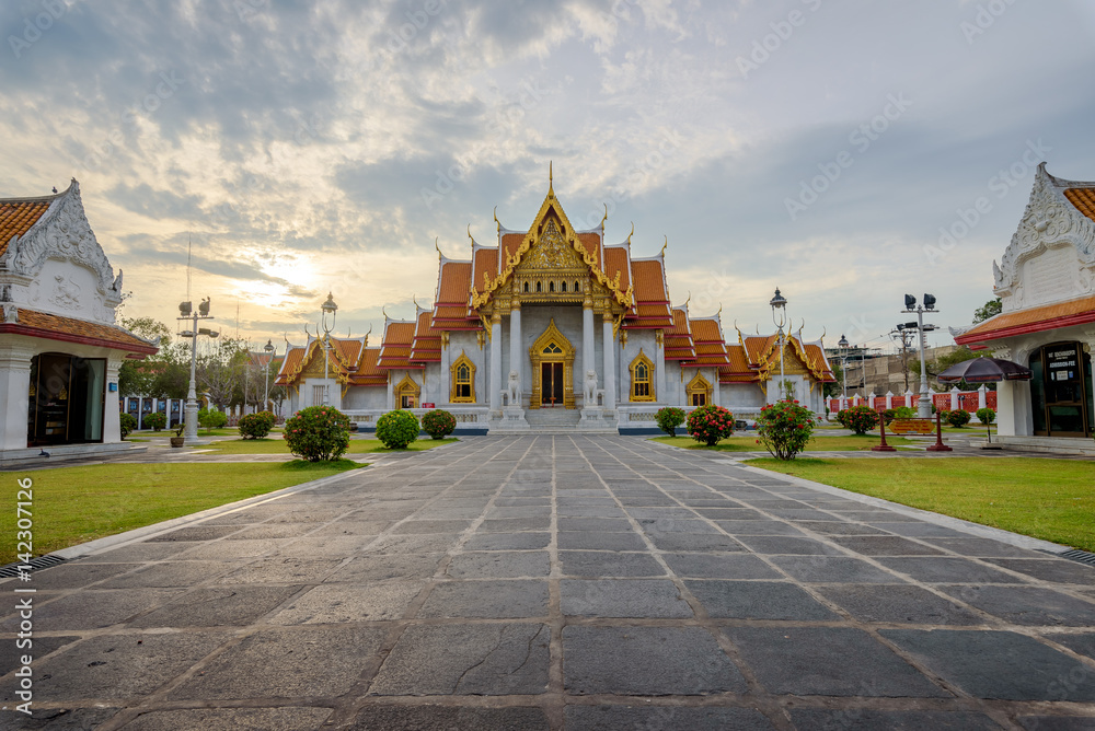 The Marble Temple of Wat Benchamabophit in sunset Bangkok, Thailand.