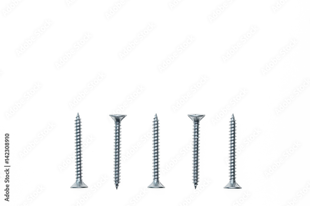 steel twinfast screws arranged in a row isolated on white background steel twinfast screws arranged in a row isolated on white background