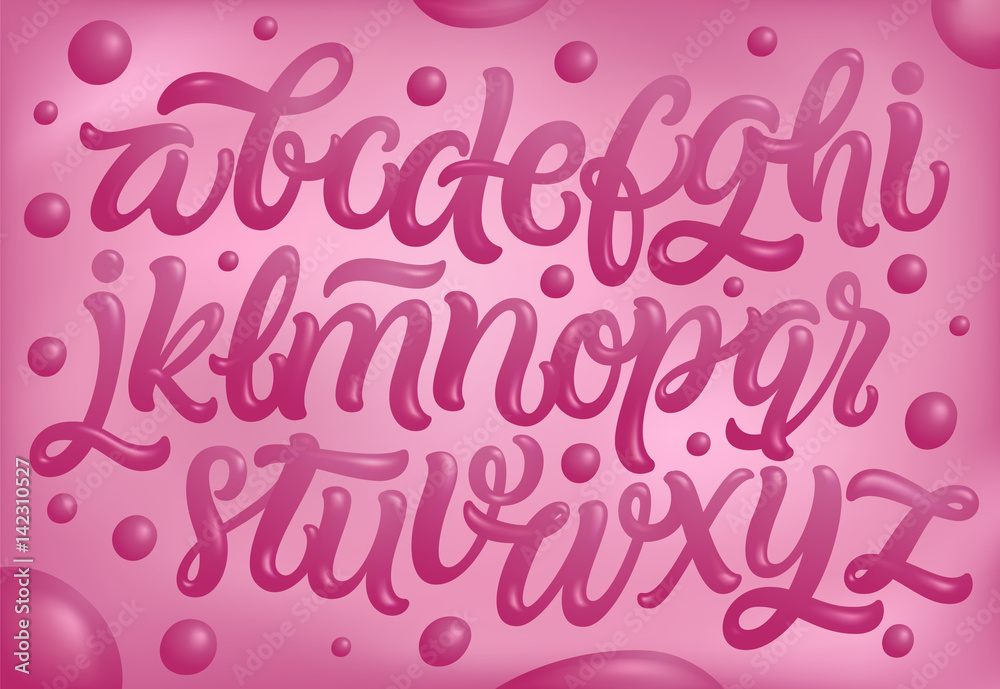 Bubble Gum Alphabet Set. Pink Font Isolated on Pink Background. Hand Lettering for Designs: Logo, Packaging, Pack of Gum, Card, etc. Vector. Sugar kids illustration.