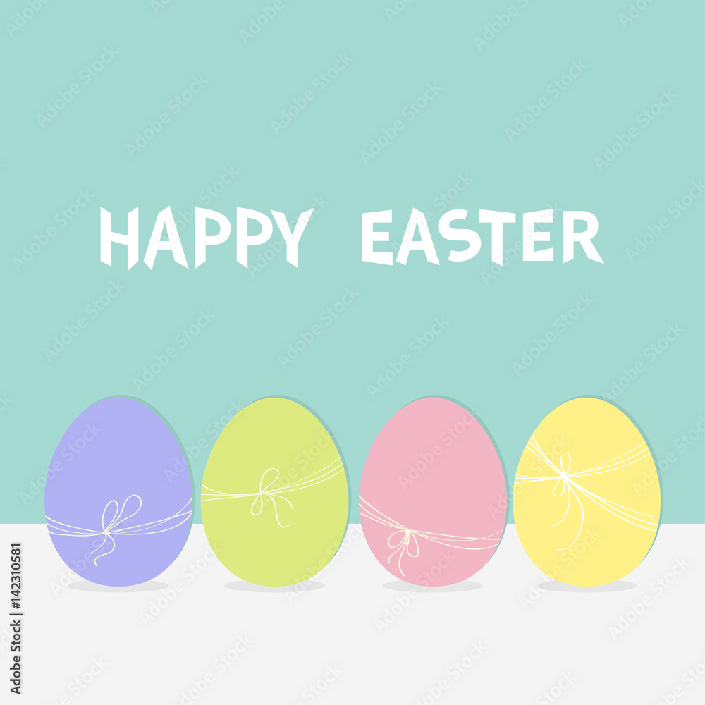 Colorful painting egg set. Row of painted eggs shell with thread and bow. Light color. Blue background. Isolated. Happy Easter Greeting card. Flat design. Colorful painting egg set. Row of painted eggs shell with thread and bow. Light color. Blue background. Isolated. Happy Easter Greeting card. Flat design.