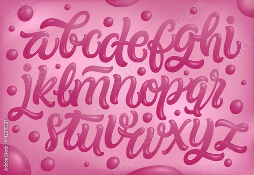 Bubble Gum Alphabet Set. Pink Font Isolated on Pink Background. Hand Lettering for Designs: Logo, Packaging, Pack of Gum, Card, etc. Vector. Sugar kids illustration.