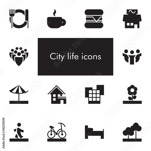 Vector set of 14 icons showing city life in one color photo