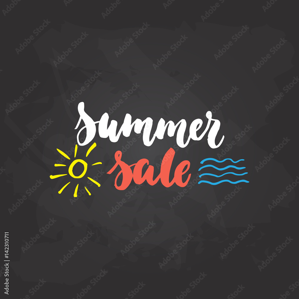 Summer Sale - hand drawn lettering phrase on the black chalkboard background. Fun brush ink inscription for photo overlays, greeting card or t-shirt print, poster design.