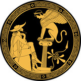 Vector illustration in ancient Greek style. Mythical plot is King Oedipus and Sphinx.