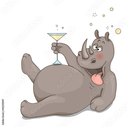 Drunk rhinoceros with a wineglass.