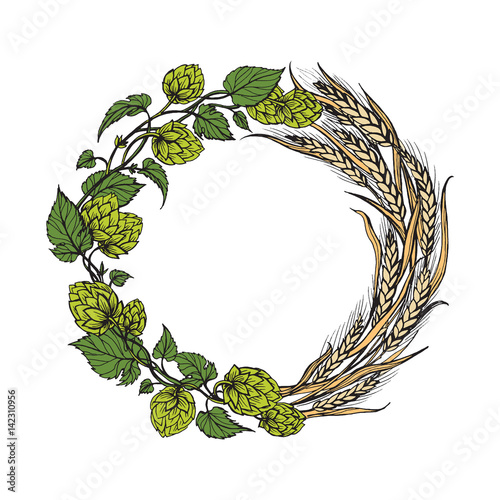 a wreath of ears of wheat and hops on old blackboard