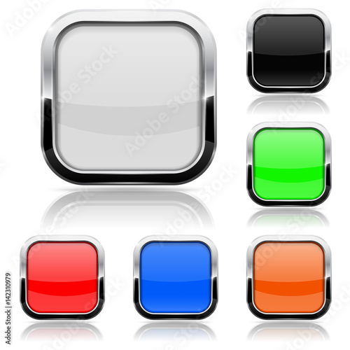 Square button. Web icon with metal frame