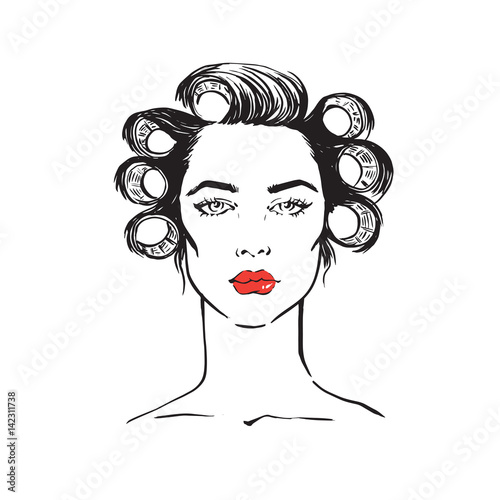 Vector hand draw illustration of woman with curler on white background