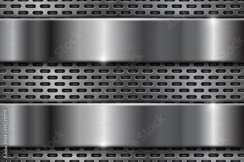 Metal perforated background with silver shiny plates