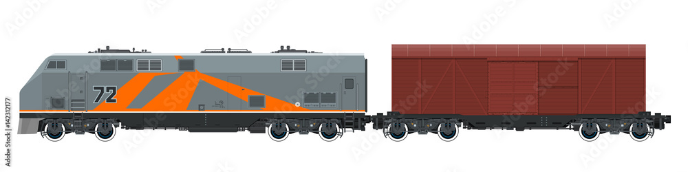 Orange Locomotive with Closed Wagon Isolated on White Background, , Train, Railway and Cargo Transport, Vector Illustration Orange Locomotive with Closed Wagon Isolated on White Background, , Train, Railway and Cargo Transport, Vector Illustration