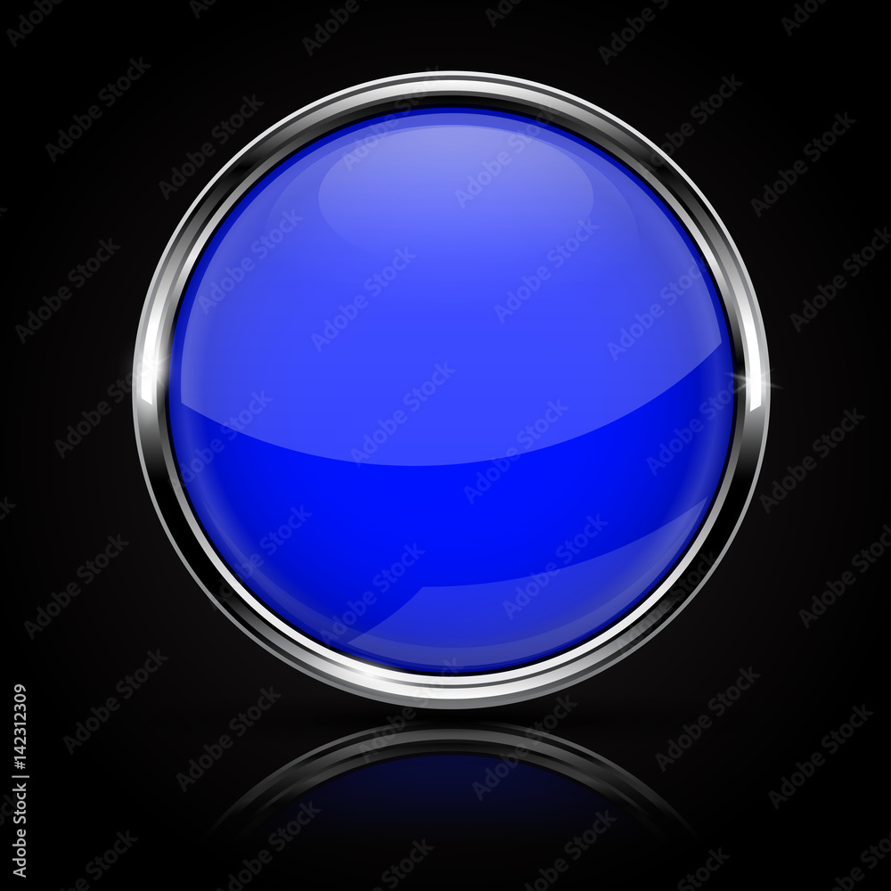 Blue glass button with chrome frame on black background Blue glass button with chrome frame on black background