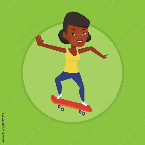 Woman riding skateboard vector illustration.