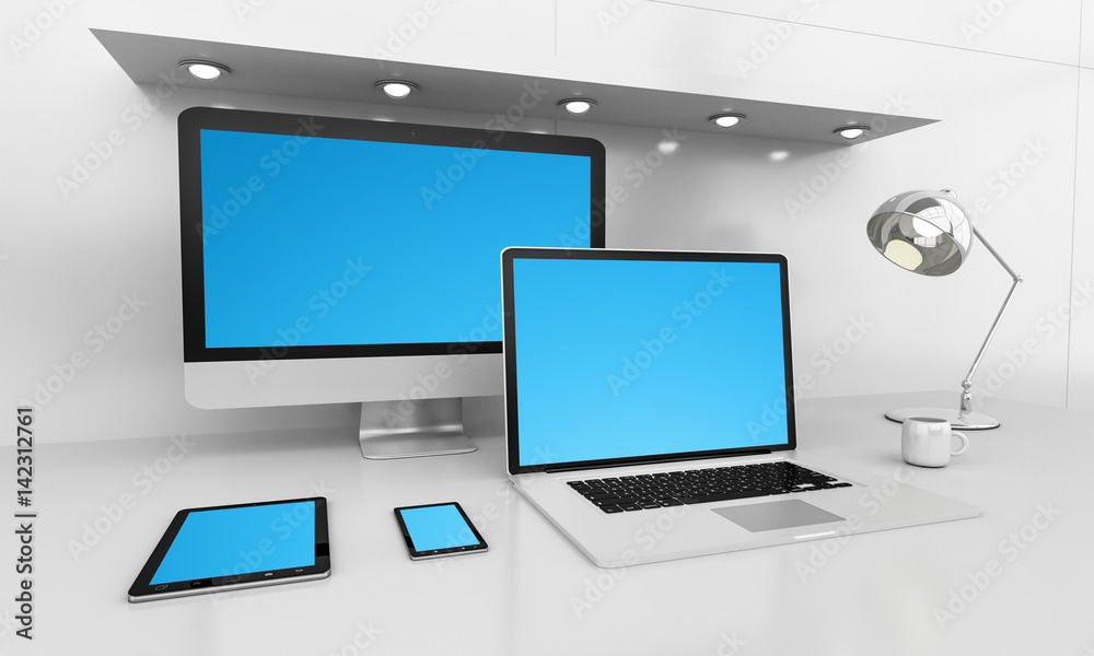 Modern white desk interior with computer and devices 3D rendering