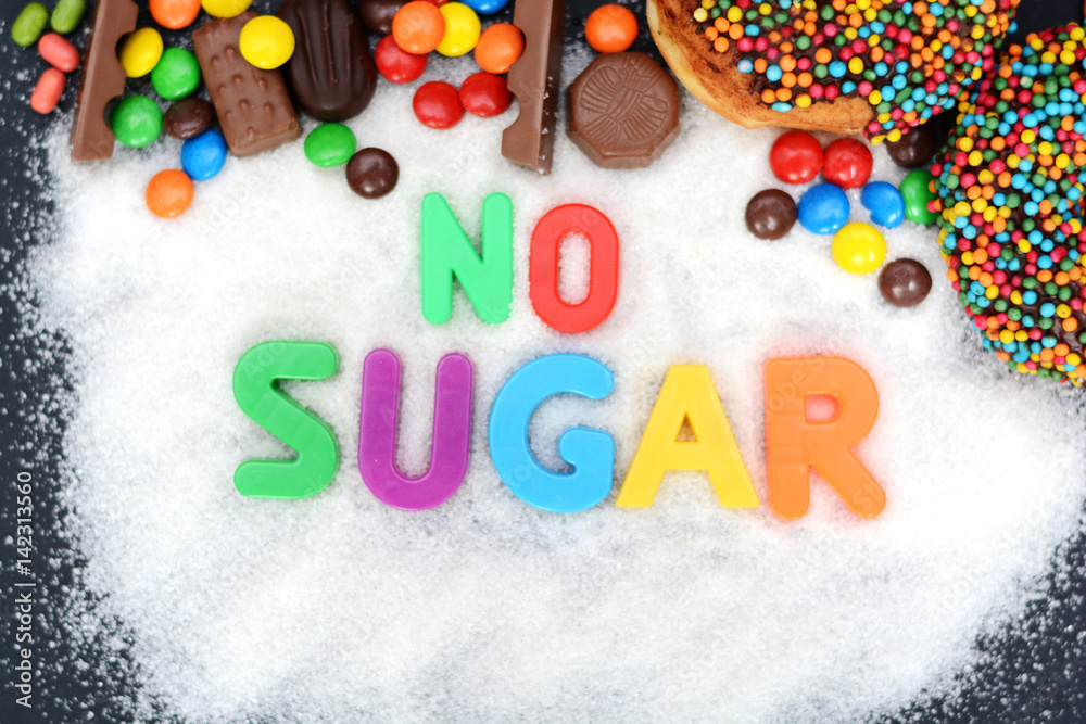 No sugar text written into a pile of white granulated sugar 