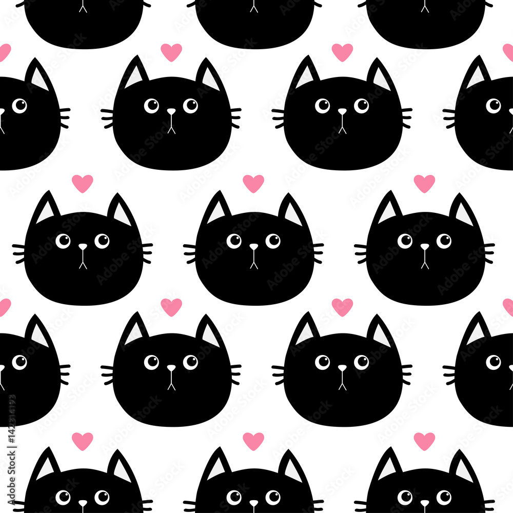Black cat head with little pink heart. Cute cartoon character. Baby pet collection. Seamless Pattern Wrapping paper, textile template. White background. Flat design. Black cat head with little pink heart. Cute cartoon character. Baby pet collection. Seamless Pattern Wrapping paper, textile template. White background. Flat design.